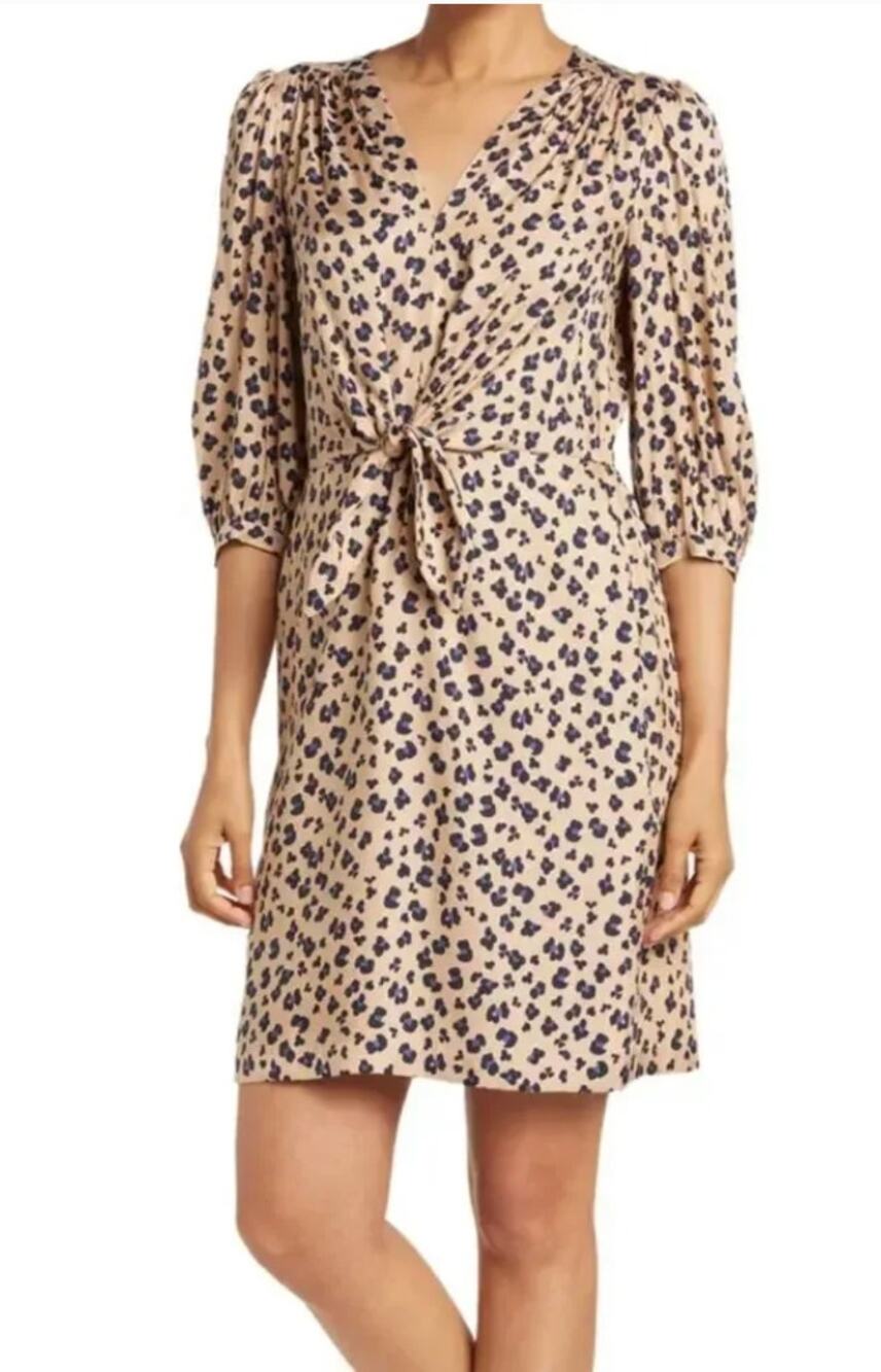 Rebecca Taylor Long Sleeve Knotted Cheetah Blue Accent Silk Dress 4